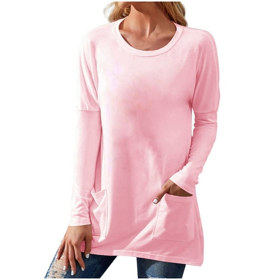 Patlollav Womens Plus Size Long Sleeve T-Shirt Autumn Solid Loose Pockets Tops