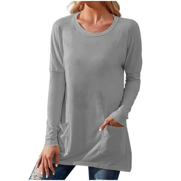 Patlollav Womens Plus Size Long Sleeve T-Shirt Autumn Solid Loose Pockets Tops