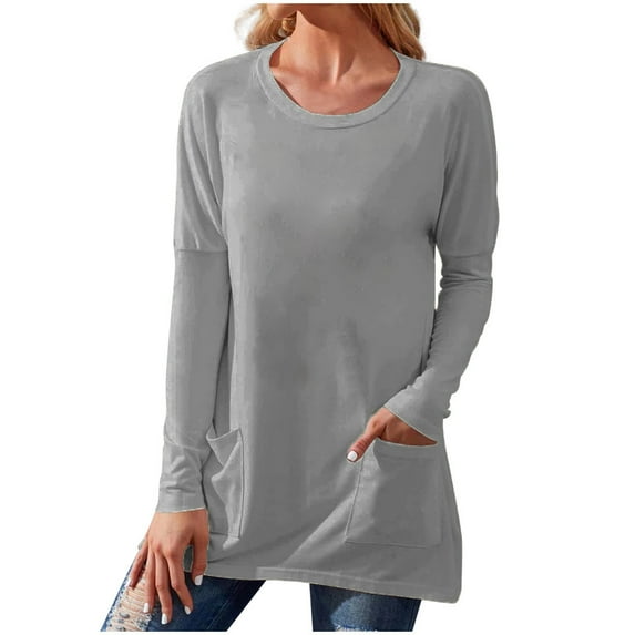 Patlollav Womens Plus Size Long Sleeve T-Shirt Autumn Solid Loose Pockets Tops