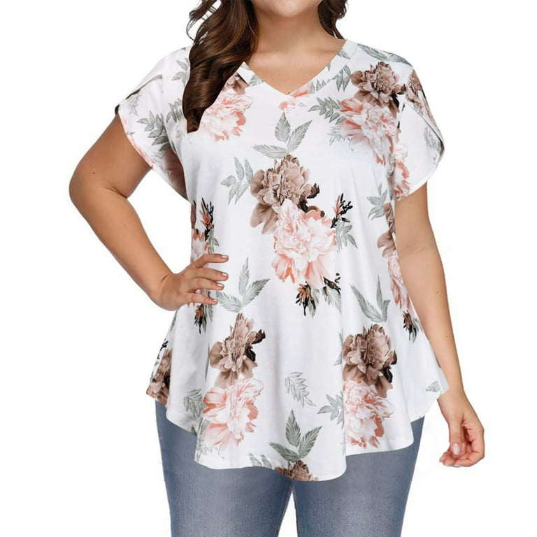 Patlollav Womens Plus Size Clearance Women Causal V-Neck Solid Printing  Blouse Short Sleeve T-Shirt Summer Tops