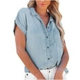 thumbnail image 1 of Patlollav Womens Plus Size Solid Color Lapel Casual Short-Sleeved Denim Shirt Loose Tops, 1 of 6
