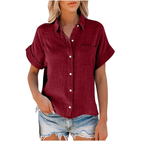 Patlollav Womens Plus Size Tops Solid Button Shirt V-Neck T-shirt