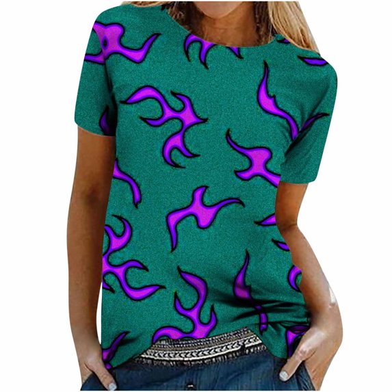 Patlollav Womens Plus Size Clearance,Women's Crewneck Short Sleeve Flame Printed Pattern Casual Tops Blouse Print Shirt