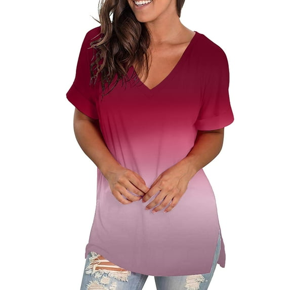 Patlollav Womens Plus Size Tops Gradient Printed Blouse V-Neck Short Sleeve Loose T-Shirt