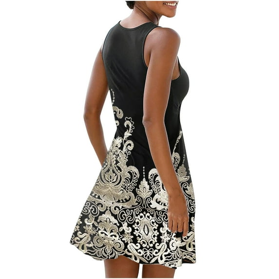 Patlollav Womens Plus Size,Women's Fashion Vintage O-Neck Sleeveless Flower Print Round Button Dresses