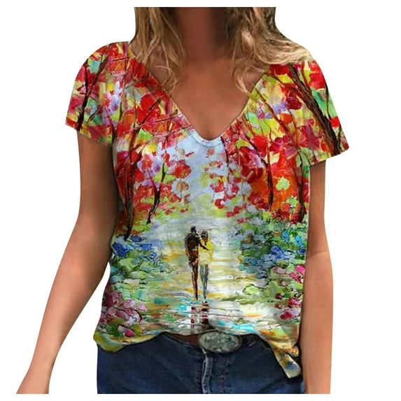 Patlollav Womens Plus Size,Women's Short Sleeve Print V-Neck Tops Tee T-Shirts Rollbacks Blouse