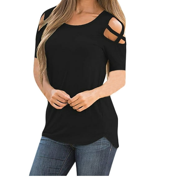 Patlollav Womens Plus Size,Womens 3/4 Sleeve Crisscross Strappy Cold Shoulder T-Shirt Tops Blouses