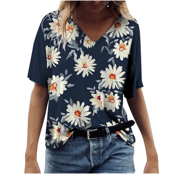 Patlollav Womens Plus Size Casual T-Shirt Floral Print V-Neck Short Sleeve Pullover Blouse Tops