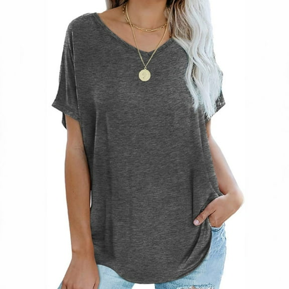 Patlollav Womens Plus Size,Womens Short Sleeve Tops V Neck Solid Color Casual Shirts Fit Basic Blouse