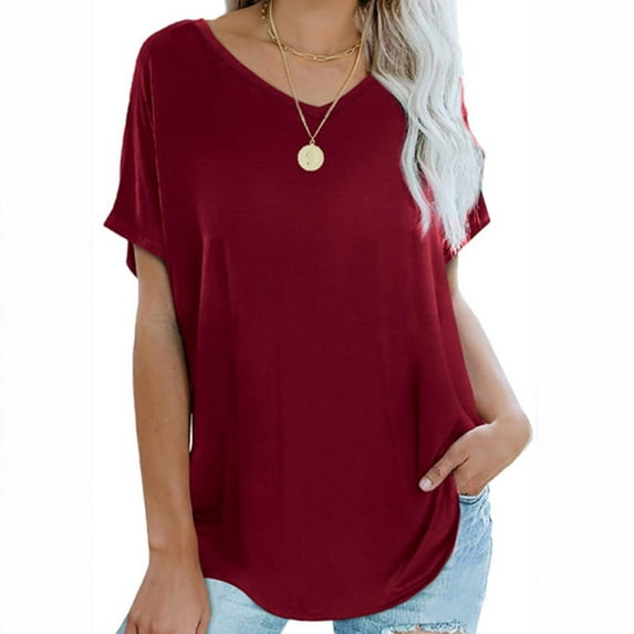 Patlollav Womens Plus Size Short Sleeve Tops V Neck Solid Color Casual Shirts Fit Basic Blouse