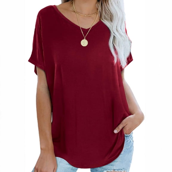 Patlollav Womens Plus Size Short Sleeve Tops V Neck Solid Color Casual Shirts Fit Basic Blouse