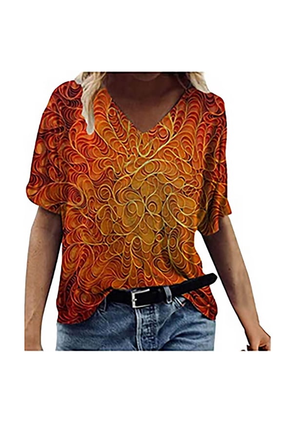 Womens Plus Size Trend Summer V-Neck Print Short Sleeve T-Shirt Casual Loose Tops