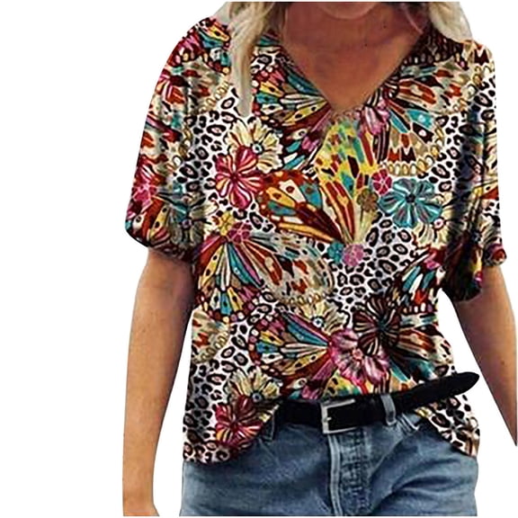 Patlollav Womens Plus Size,Womens Trend Summer V-Neck Print Short Sleeve T-Shirt Casual Loose Tops