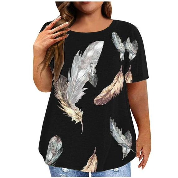 Patlollav Womens Plus Size Shirts Elegant Floral Print Tunic Tops Summer Crewneck Short Sleeve Tshirts 2024 Oversize Tee Shirts