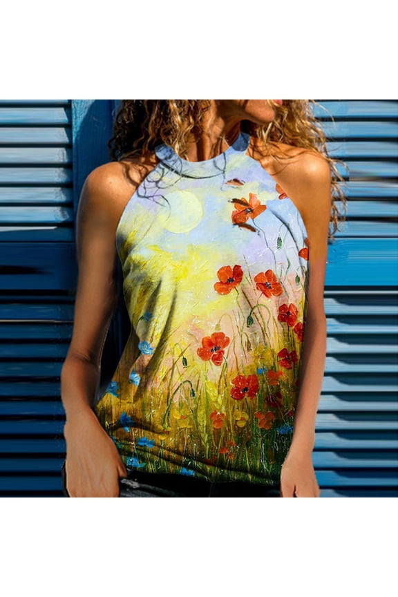 Womens Plus Size Tops,Fashion Casual Loose Strapless Printed Ladies Halter Neck Vest Tops