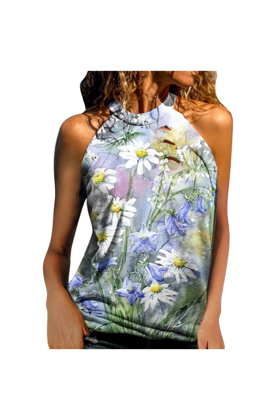 Womens Tops Fashion Casual Loose Strapless Print Halter Neck Vest Tops Clothes