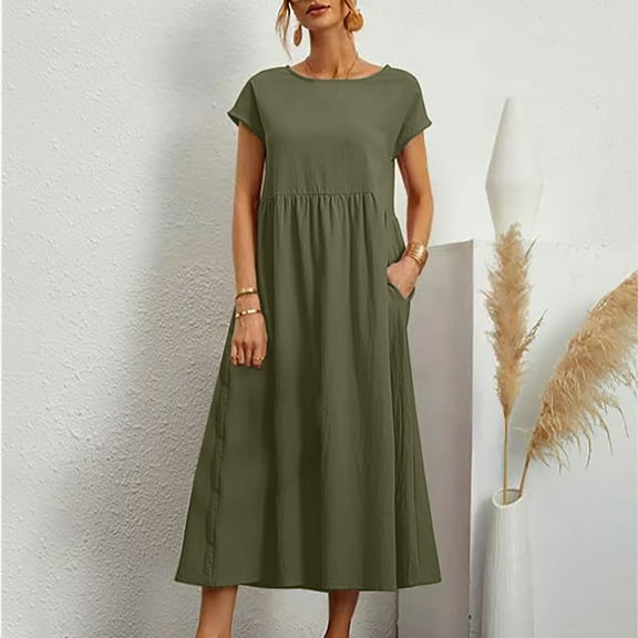 Patlollav Womens Plus Size Women Dresses Summer Cotton Linen Solid Color Round Neck Short Sleeve Dress Long Dress