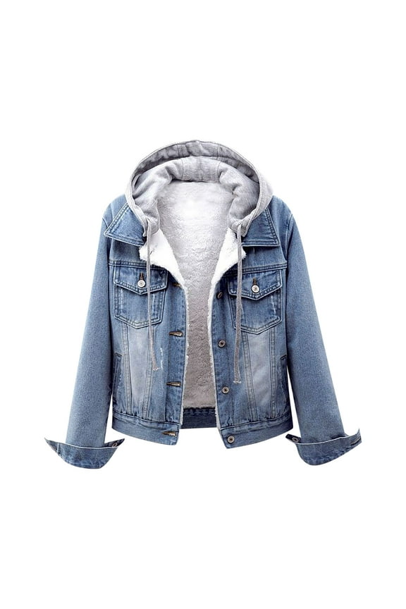 Womens Plus Velvet Long-Sleeve Slim-Fit Hooded Jacket Denim Blouse Coat