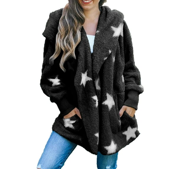Patlollav Womens Pocket Five-Pointed Star Cardigan Plush Stitching Jacket Coat