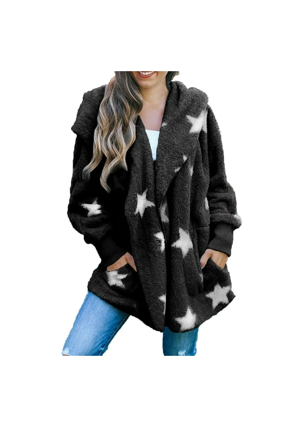 Womens Pocket Five-Pointed Star Cardigan Plush Stitching Jacket Coat