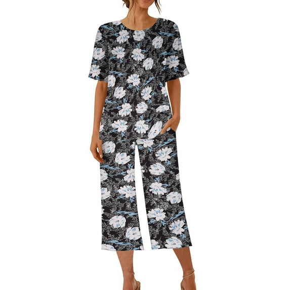 Patlollav Womens Print Short Sleeve Sleepshirt And Pants Sets Loungewear Pajamas With Pockets