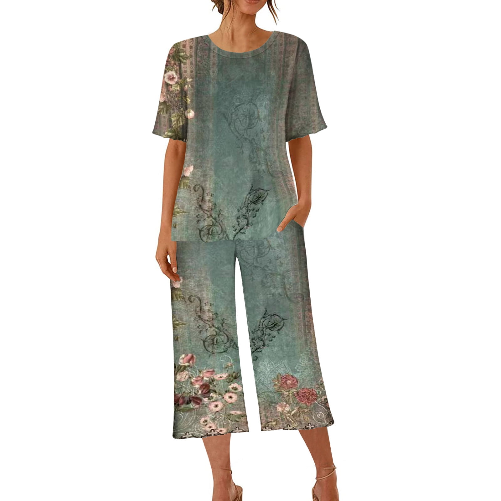 Patlollav Womens Print Short Sleeve Sleepshirt And Pants Sets