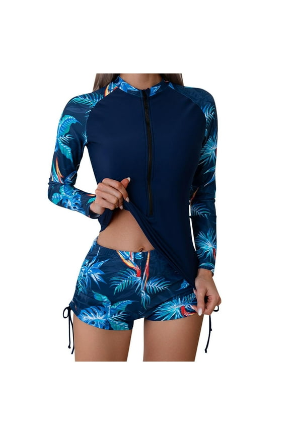 Womens Rash Guard Swimsuit Long Sleeve Sexy Bikini Protection Zipper Surfing Two Piece Bathing Suit