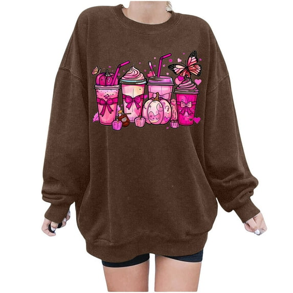 Patlollav Womens Round Neck Breast Cancer Printed Loose Sweatshirt Long Sleeve Top Sweatshirts