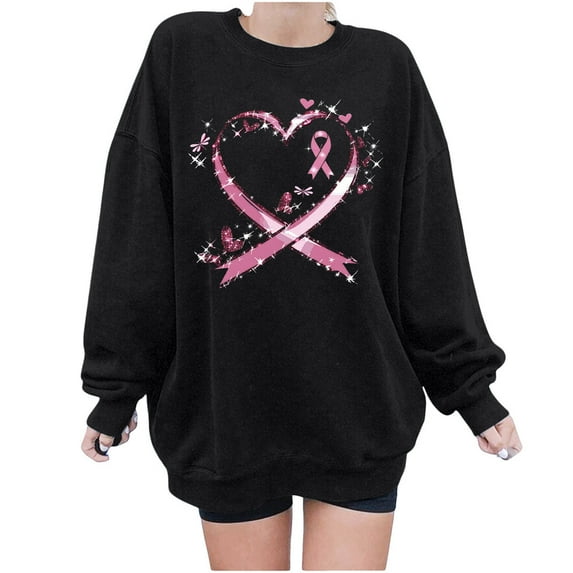 Patlollav Womens Round Neck Breast Cancer Printed Loose Sweatshirt Tops Long Sleeve Sweatshirts