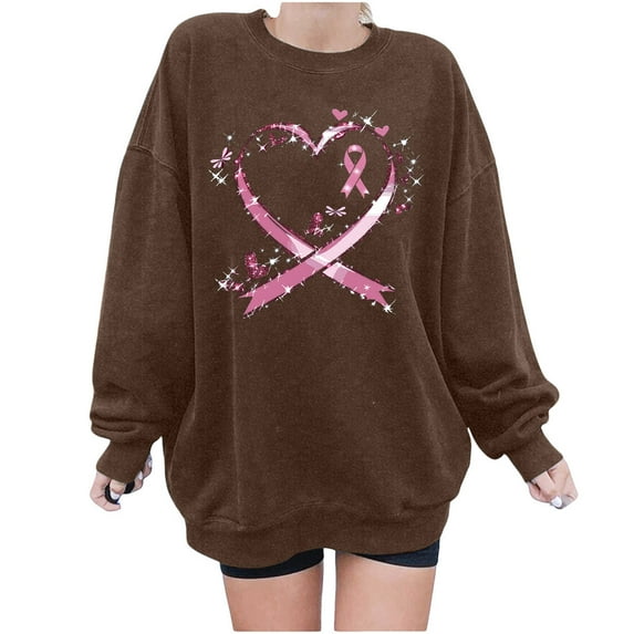 Patlollav Womens Round Neck Breast Cancer Printed Loose Sweatshirt Tops Long Sleeve Sweatshirts