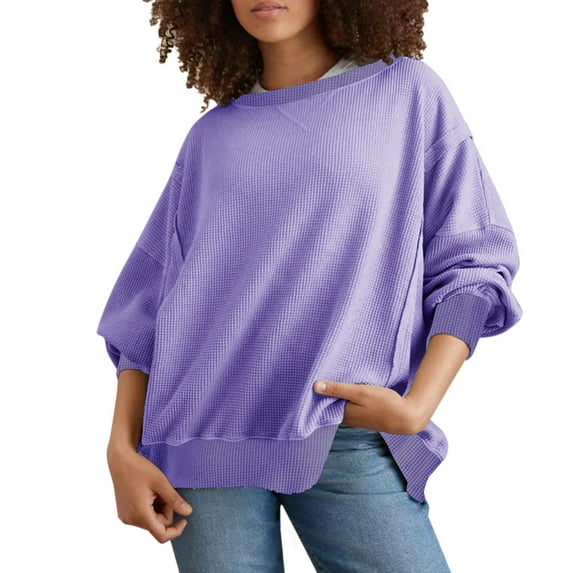 Patlollav Womens Round Neck Loose Soild Long Sleeve Sweatshirts