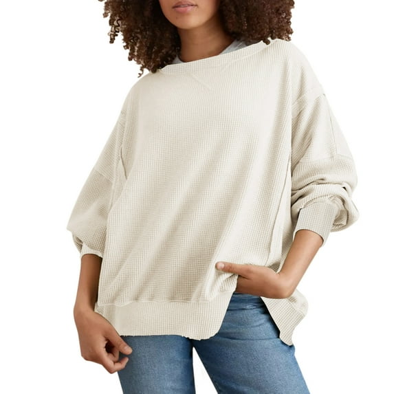 Patlollav Womens Round Neck Loose Soild Long Sleeve Sweatshirts