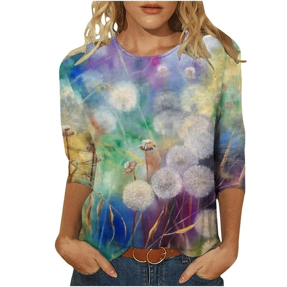 Patlollav Womens Round Neck T-shirt,Ladies 3/4 Sleeves Blouse