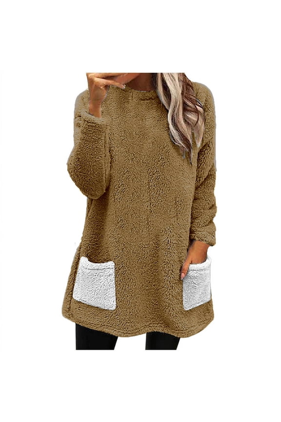 Womens Round-Neck Winter Warm Tops Loose Solid Pocket Long Sleeve Blouse