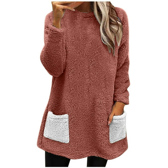 Patlollav Womens Round-Neck Winter Warm Tops Loose Solid Pocket Long Sleeve Blouse