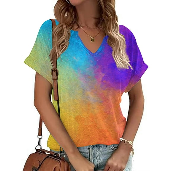 Patlollav Womens Shirts,Woman Summer Print Short Sleeve V-Neck T-Shirts Casual Tops Clothes