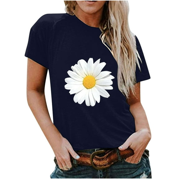 Patlollav Womens Short Sleeve Floral Print Sunflower Round Neck Tops T-Shirt Blouse