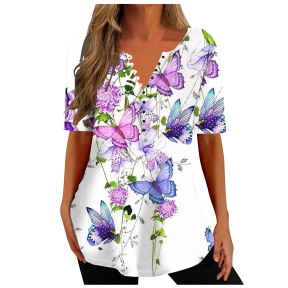 Patlollav Womens Short Sleeve Tops Fashion Print V-neck Spring Summer Shirts
