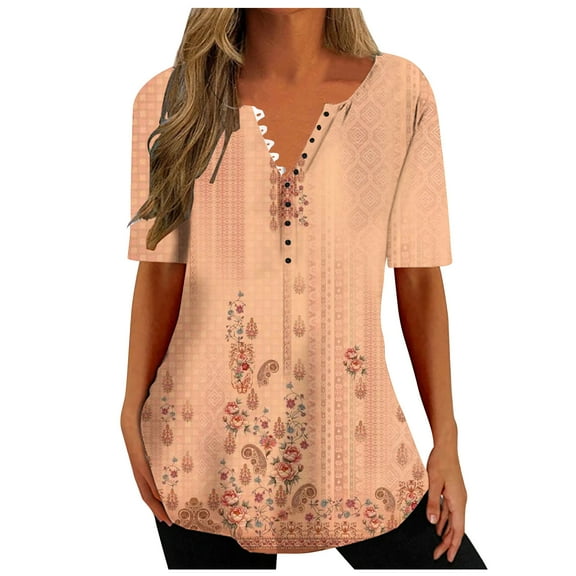 Patlollav Womens Short Sleeve Tops Fashion Print V-neck Spring Summer Shirts