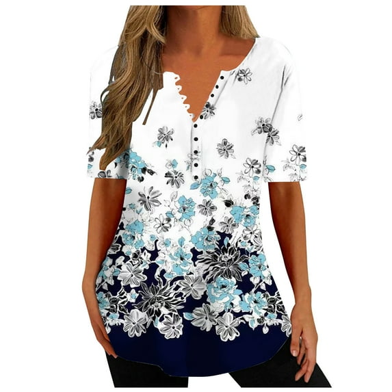 Patlollav Womens Short Sleeve Tops Fashion Print V-neck Spring Summer Shirts