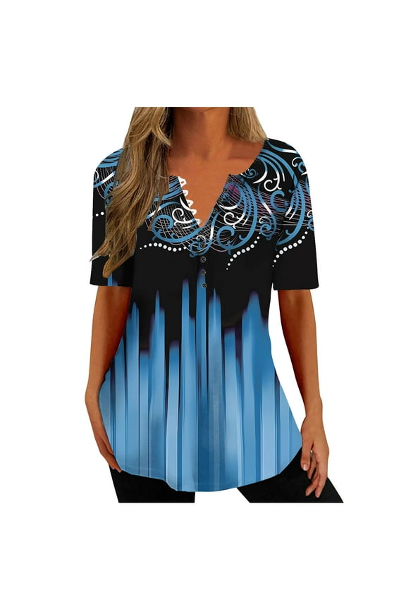 Womens Short Sleeve Tops Fashion Print V-neck Spring Summer Shirts