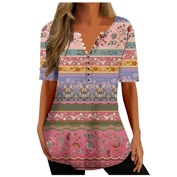 Patlollav Womens Short Sleeve Tops Fashion V Neck Print Casual Loose Shirts