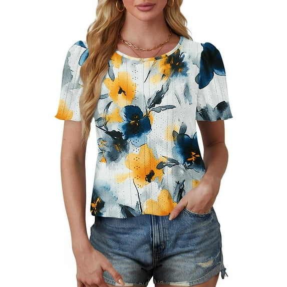 Patlollav Womens Short Sleeve Tops Summer Henley O-Neck Tshirts Casual Pleated Blouse Dressy Loose Floral Basic Tee