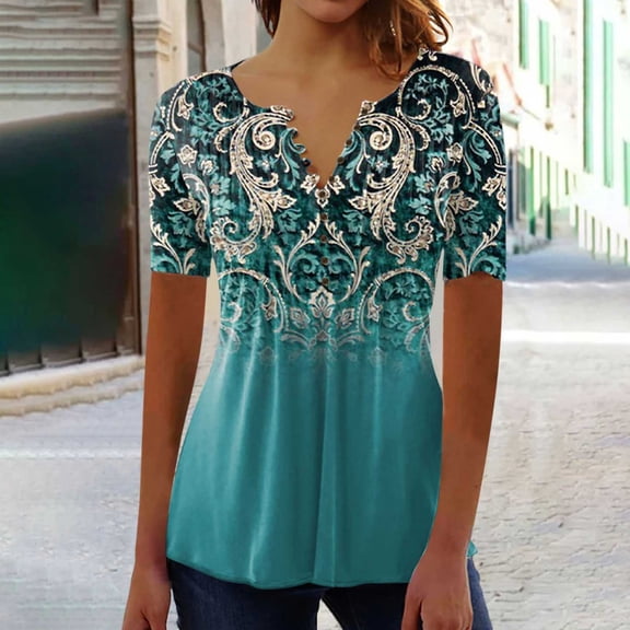 Patlollav Womens Short Sleeve Tops V Neck Loose Spring Summer Tee Shirts Dressy Casual Print Blouses