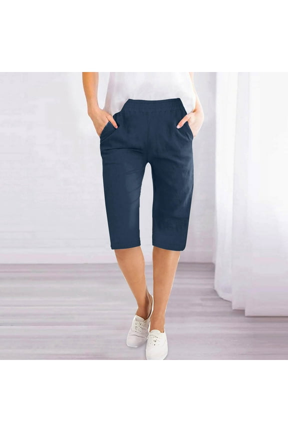 Womens Shorts Casual Solid Color Waist Elastic Loose Straight Wide Leg Half Pants with Pocket