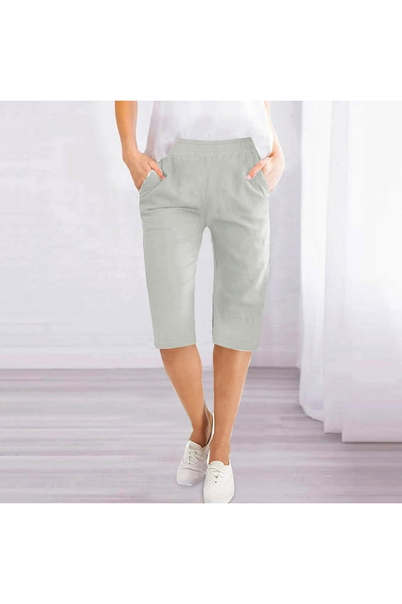 Womens Shorts Casual Solid Color Waist Elastic Loose Straight Wide Leg Half Pants with Pocket