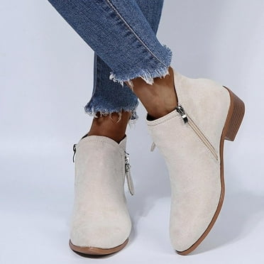 Patlollav Womens Slip On Boots Pointed Toe Round Head Thick Heel Short Shoes