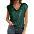 thumbnail image 1 of Otvok 2025 Women Blouse Short Sleeve Sequins Loose Polluer Solid V-Neck Shirt Tops, 1 of 6