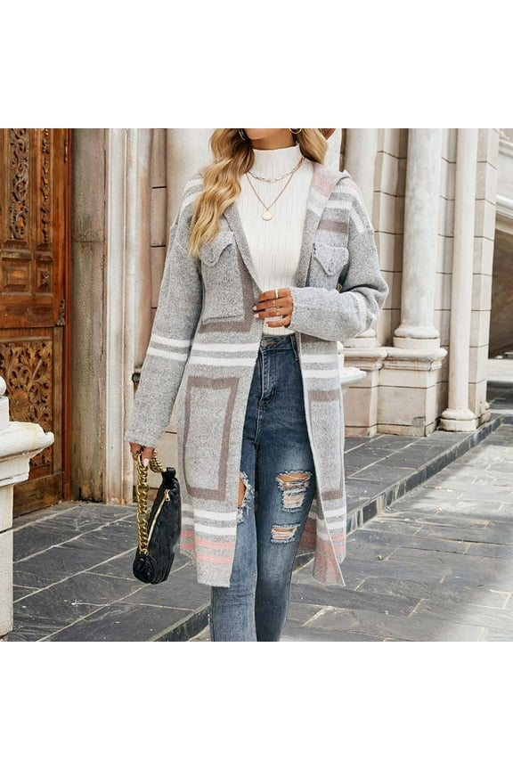 Womens Solid Color Cardigan Wool Sweater Hooded Recreational Tops