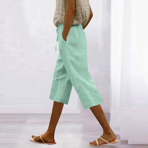 Patlollav Womens Solid Color Casual Pocket Lace-Up Quarter Pants